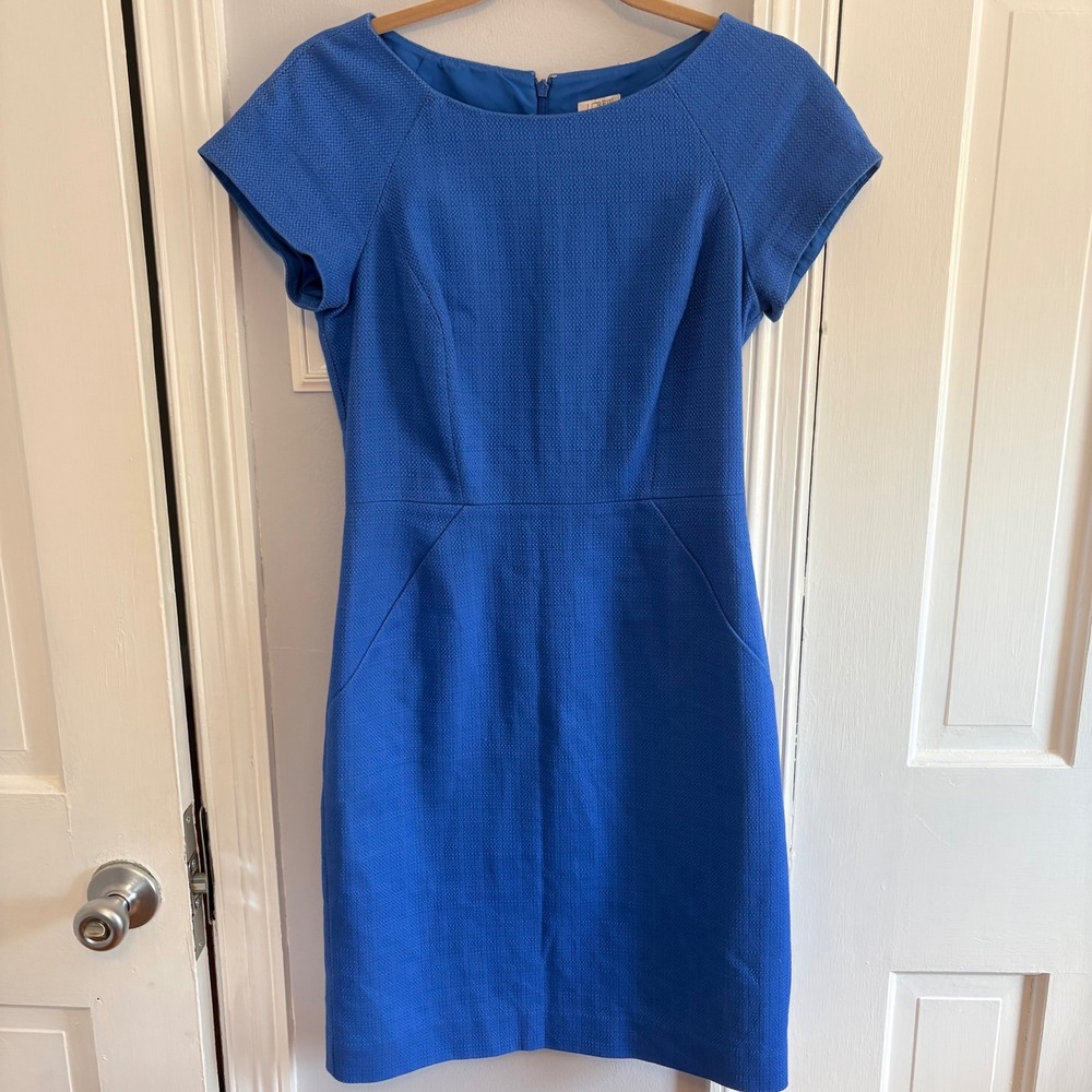 J.Crew Women 4 Sheath Dress Blue Textured Short Cap Sleeves Classic Career